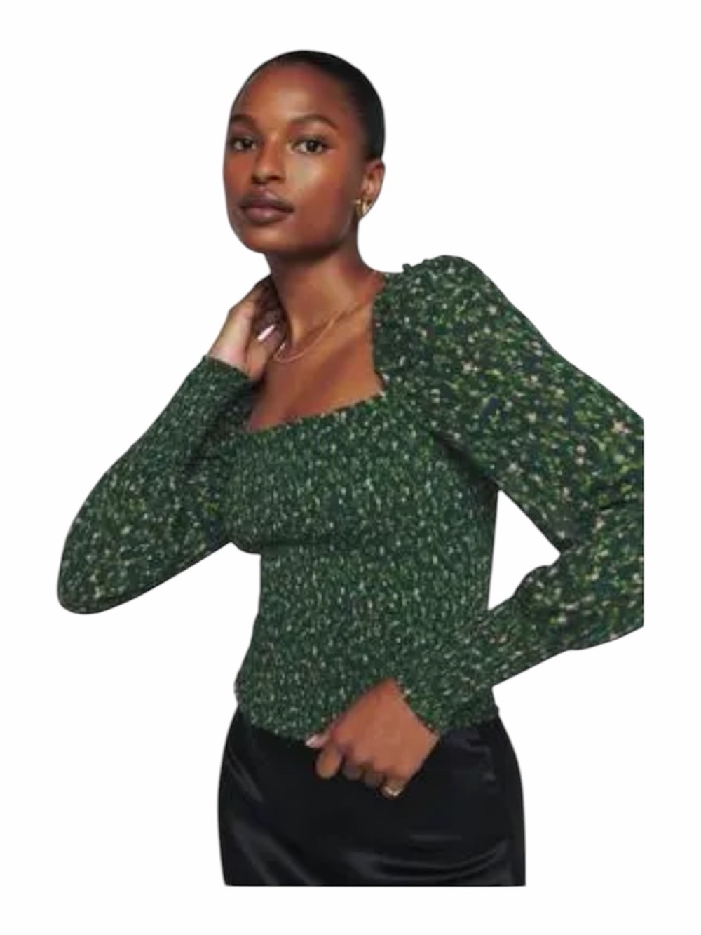 Reformation pinto green floral fully smocked bodice long puff sleeve medium